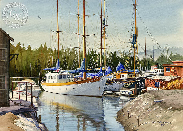 Empty Masts, watercolor painting by John Bohnenberger (American art). Original painting and fine art giclée reproduction by California Watercolor for wall decor.