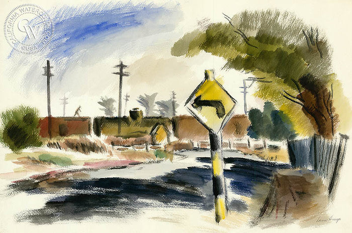 Left on Rossi Road, Salinas, 1942, watercolor painting by Leon Amyx (American art). Original painting and fine art giclée reproduction by California Watercolor for wall decor.