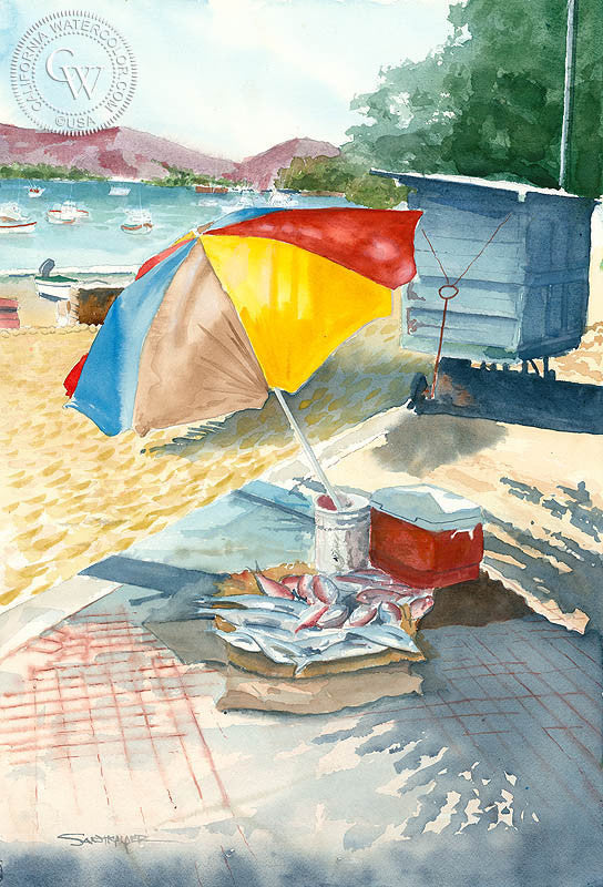 Zihuatanejo, Guerrero, Mexico, watercolor painting by Steve Santmyer (American art). Original painting and fine art giclée reproduction by California Watercolor for wall decor.