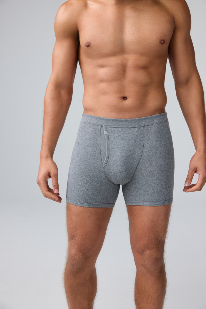 Front view of man wearing 18-Hour Jersey Rib Boxer Brief in Grey Heather