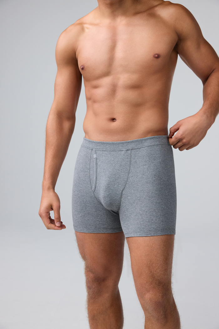 Alternate front view of man wearing 18-Hour Jersey Rib Boxer Brief in Grey Heather