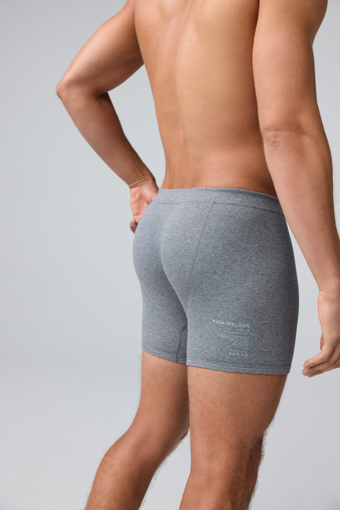 Back view of man wearing 18-Hour Jersey Rib Boxer Brief in Grey Heather