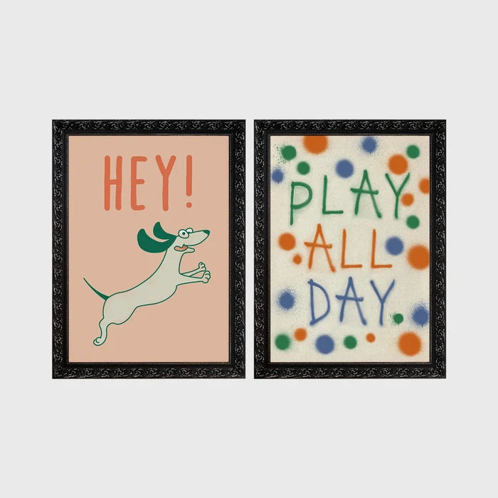 Set of 2 framed prints, playful kids' illustrations: a "Hey!" illustration of a leaping dachshund; and a "Play All Day" polka-dot typography print — unframed