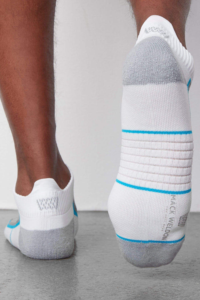 Back view of a man wearing AIRKNITx Ankle Sock in Bright White / Weldon Blue