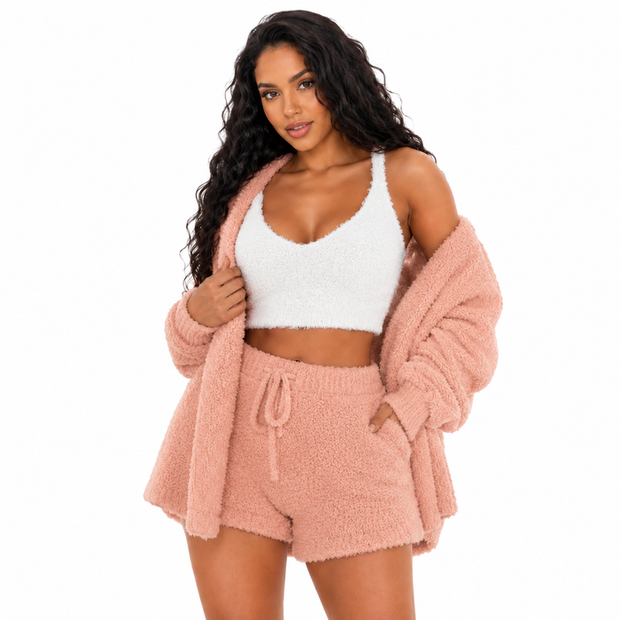 Women's velvet lounge set in gray with white crop top, cardigan and drawstring shorts shown together against a white setting.
