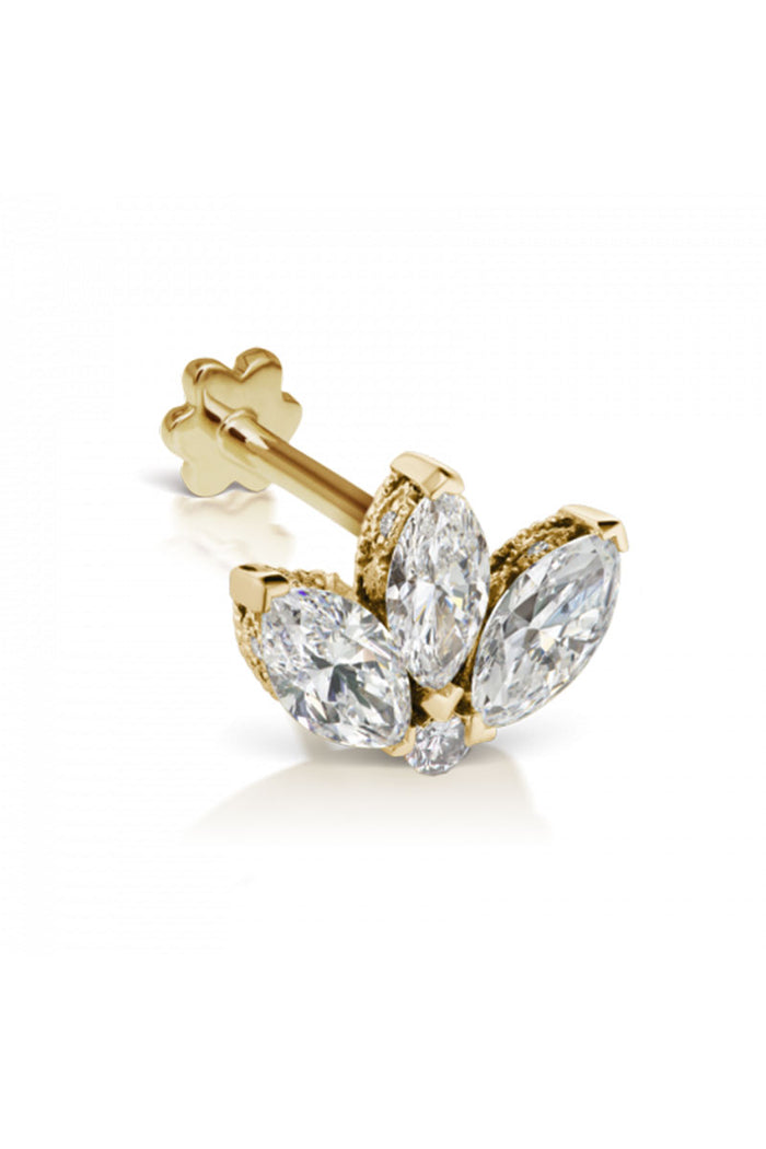 3mm Engraved Diamond Lotus Threaded Back Earstud - Yellow Gold