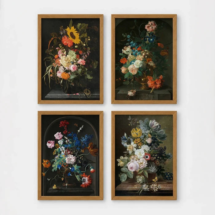Set of 4 framed prints, classic Dutch-style floral still life paintings: a bouquet with sunflowers and roses against a dark background; flowers in an urn set in a stone alcove; flowers in a pot set in a stone alcove; and a floral arrangement on a wooden ledge — unframed