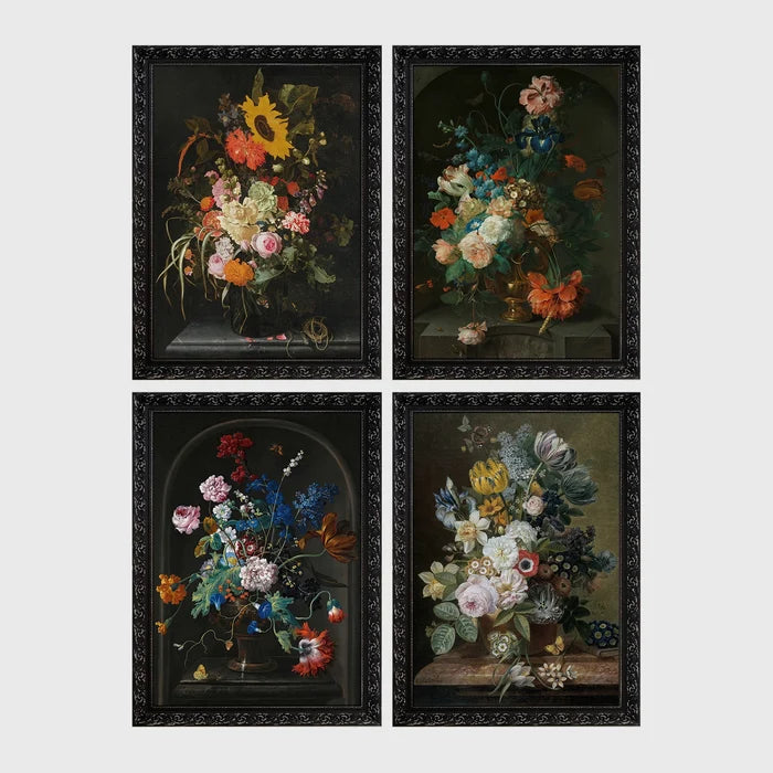 Set of 4 framed prints, classic Dutch-style floral still life paintings: a bouquet with sunflowers and roses against a dark background; flowers in an urn set in a stone alcove; flowers in a pot set in a stone alcove; and a floral arrangement on a wooden ledge — unframed