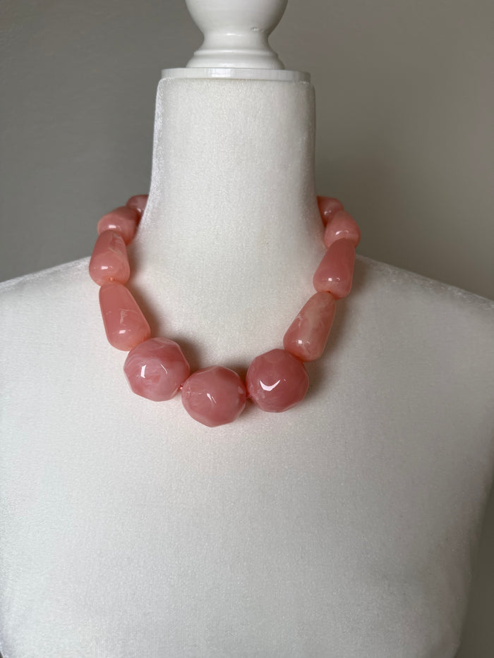 Blush Glow Statement Necklace featuring oversized glossy blush pink marbled beads in a chunky round beaded design.