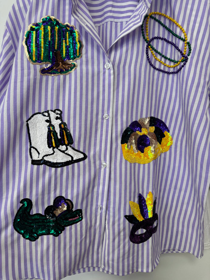Mardi Gras Sequin Smocked Sleeve Blouse