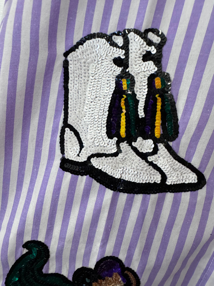 Mardi Gras Sequin Smocked Sleeve Blouse