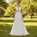 A Line Deep V-Neck Wedding Dresses with Tank Sleeve - Rosymae