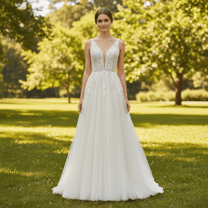 A Line Deep V-Neck Wedding Dresses with Tank Sleeve - Rosymae