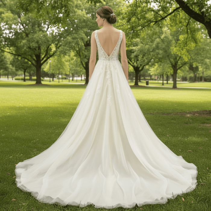 A Line Deep V-Neck Wedding Dresses with Tank Sleeve - Rosymae
