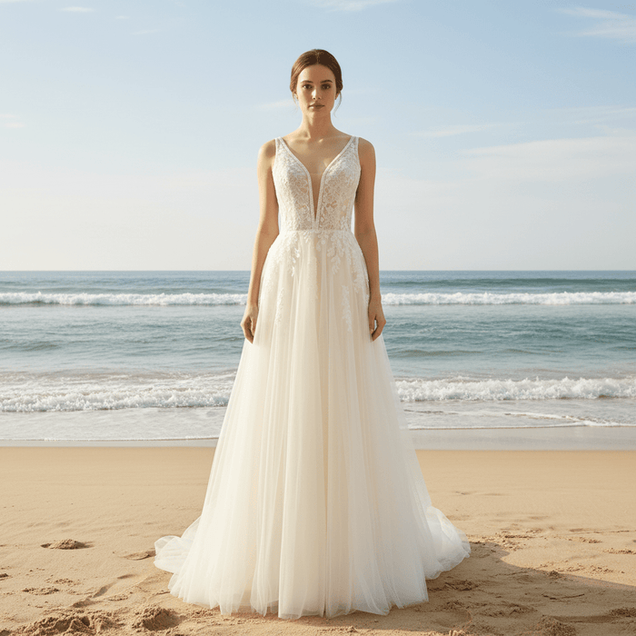 A Line Deep V-Neck Wedding Dresses with Tank Sleeve - Rosymae