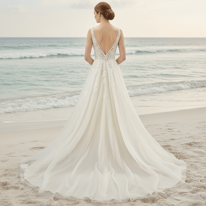 A Line Deep V-Neck Wedding Dresses with Tank Sleeve - Rosymae