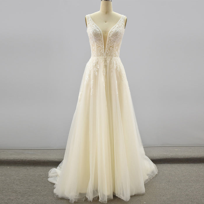 A Line Deep V-Neck Wedding Dresses with Tank Sleeve - Rosymae