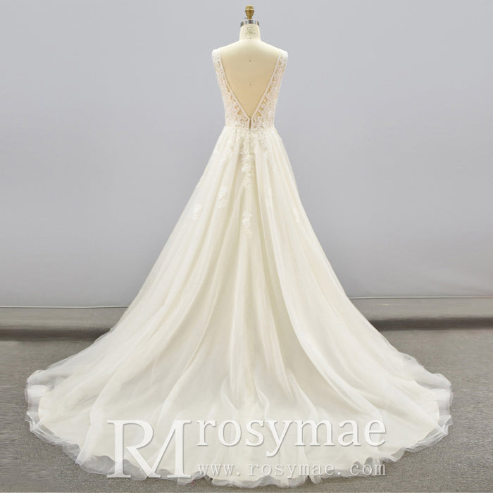 A Line Deep V-Neck Wedding Dresses with Tank Sleeve - Rosymae