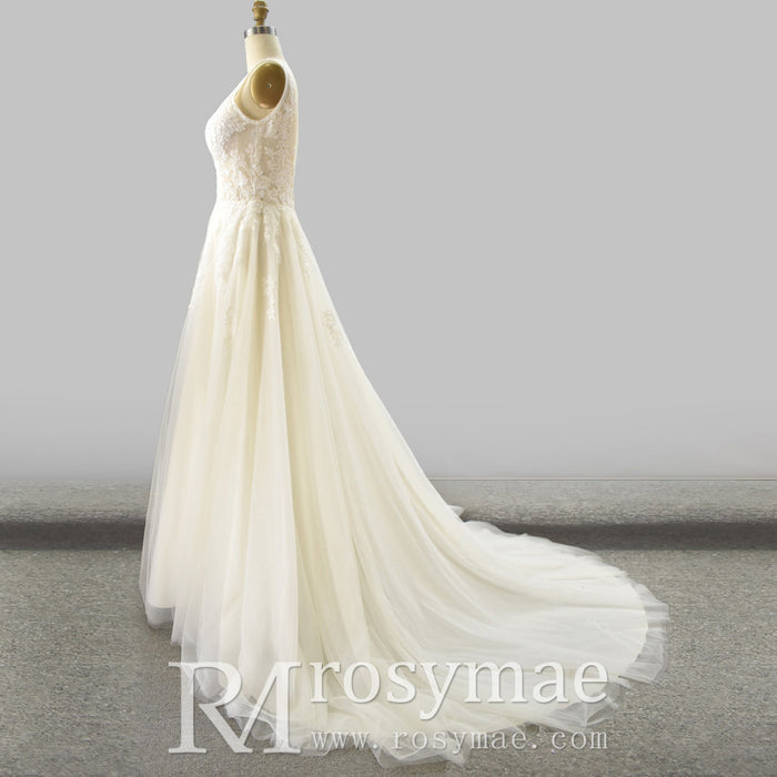 A Line Deep V-Neck Wedding Dresses with Tank Sleeve - Rosymae
