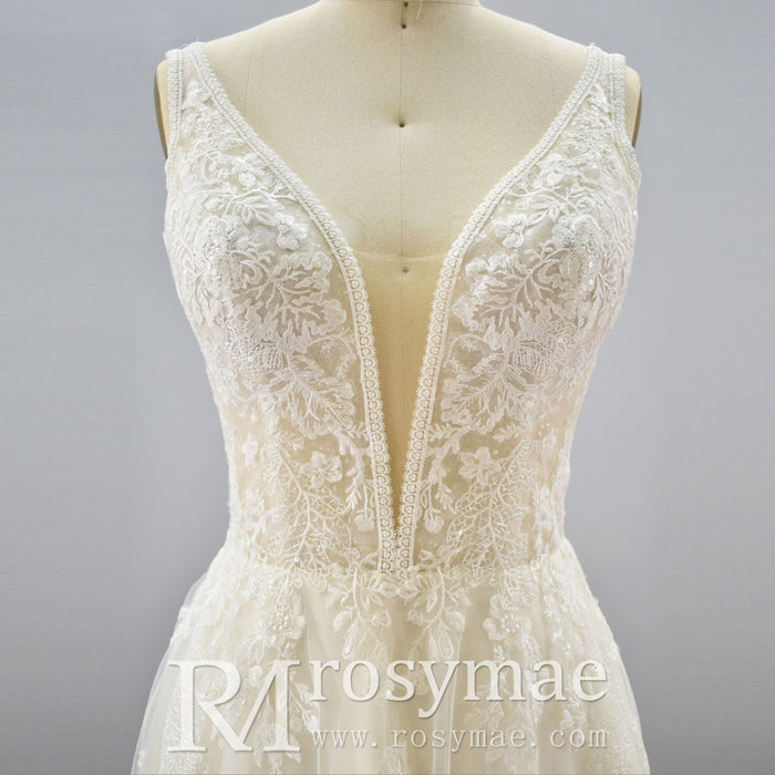 A Line Deep V-Neck Wedding Dresses with Tank Sleeve - Rosymae