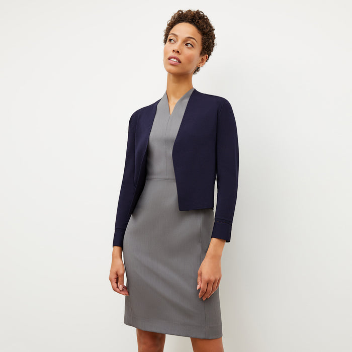 Image of a woman wearing the Aditi Dress in Steel Gray