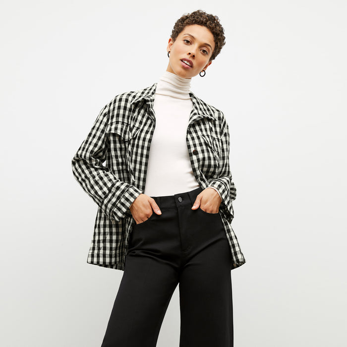 Front image of a woman wearing the Allison Anorak - Luxe Gingham in black / white | Lead