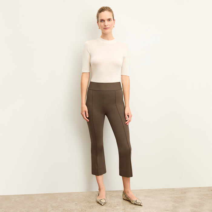 Front image of a woman wearing the allyn pants in ash