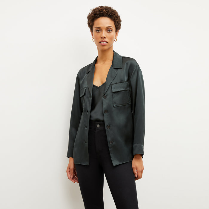Image of a woman wearing the Alyssa Jacket in Hunter | Lead
