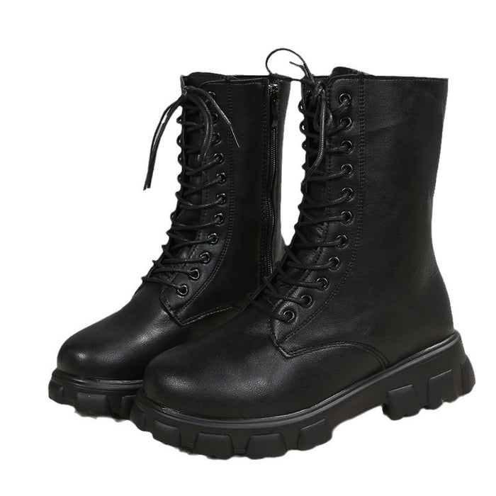 Black and white lace-up boot options shown with low-top shaft, round toe and low heel for product comparison, product detail.