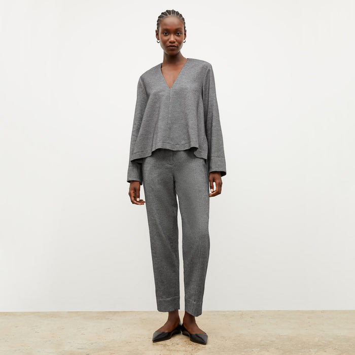 Front image of a woman wearing the annette top in flannel twill