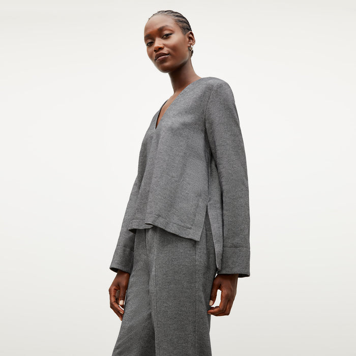 Front image of a woman wearing the annette top in flannel twill