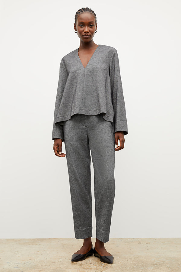 Front image of a woman wearing the annette top in flannel twill | Exclude | GridHover