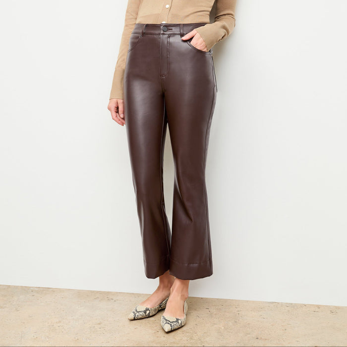 Front image of a woman wearing the archie pant in brown | Lead