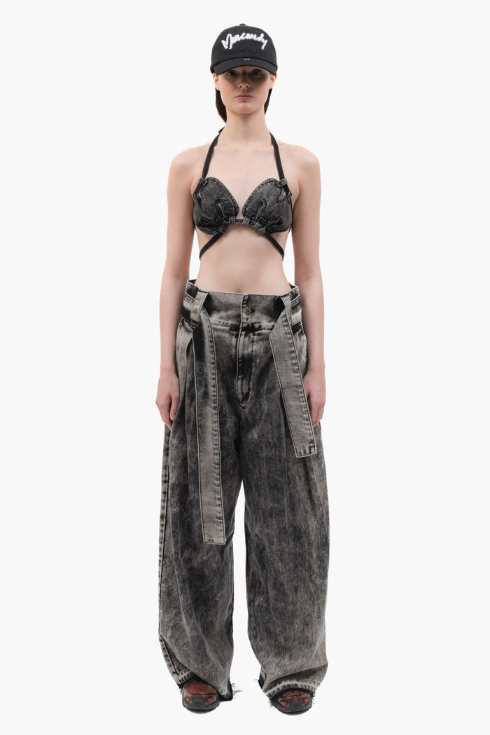 MANCANDY Ashes Wide Jeans in black acid-wash denim featuring an oversized silhouette and integrated belt.