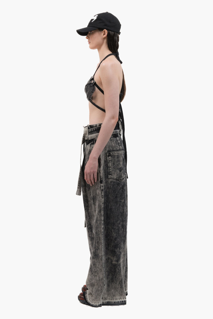 MANCANDY Ashes Wide Jeans in black acid-wash denim featuring an oversized silhouette and integrated belt.
