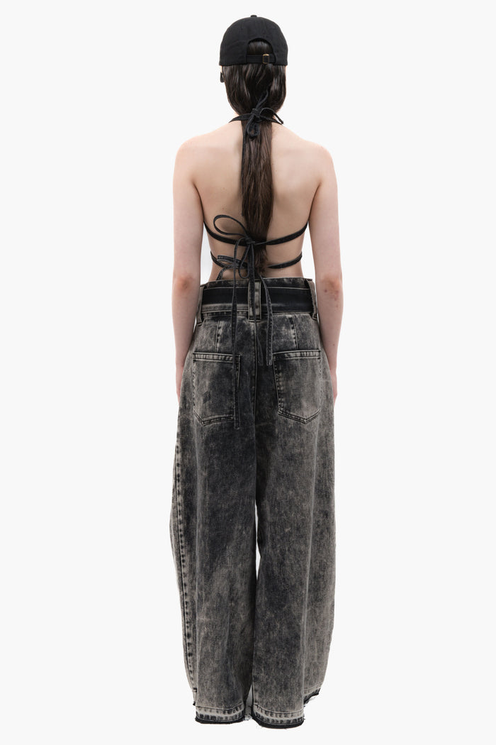 MANCANDY Ashes Wide Jeans in black acid-wash denim featuring an oversized silhouette and integrated belt.