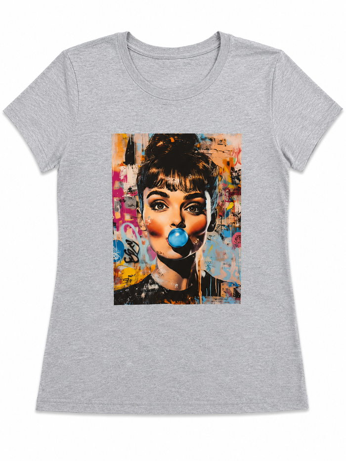 Gray women's graphic tee featuring a vivid Audrey-inspired pop art portrait with a playful bubble gum detail.