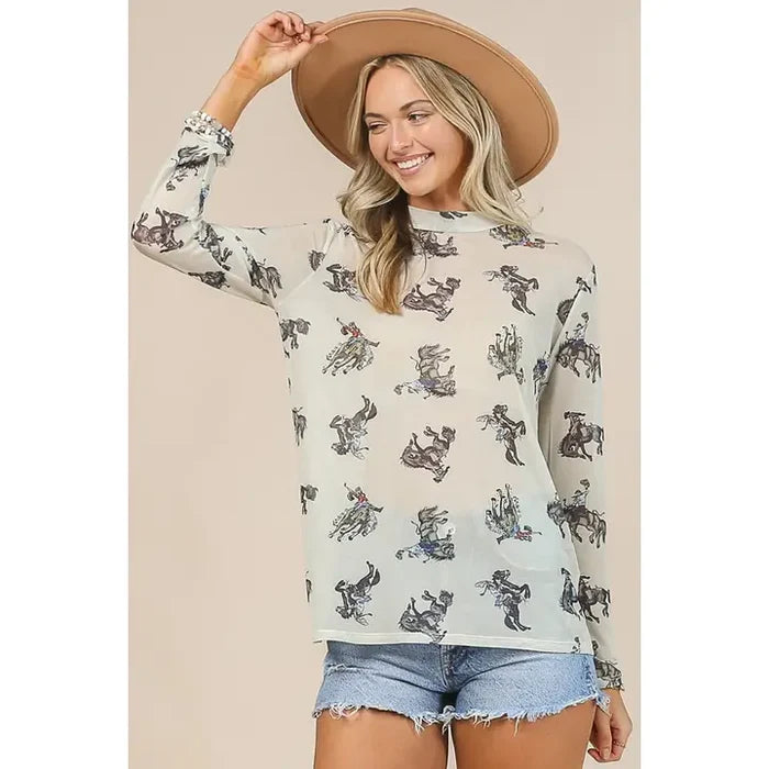 Avery Cowboy Print Mesh Top