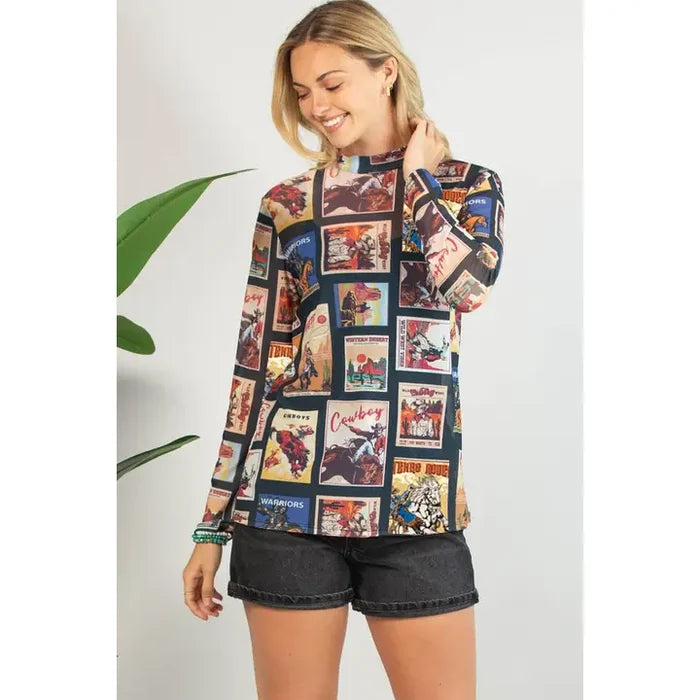 Avery Vintage Western Print Mesh Top