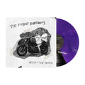 Album cover for Back on Top Demos by The Front Bottoms, showing a black-and-white photo of two people on a motorcycle, with a starburst vinyl partly visible and all encased in a screen printed cover. Brand: The Front Bottoms.