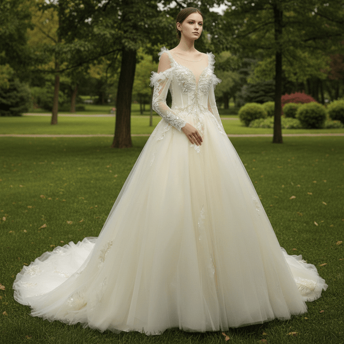 Ball Gown Sheer Long Sleeves Tulle Bride Wedding Dress - Rosymae