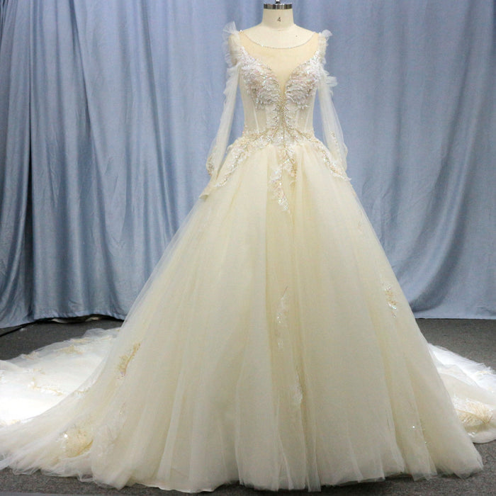 Ball Gown Sheer Long Sleeves Tulle Bride Wedding Dress - Rosymae