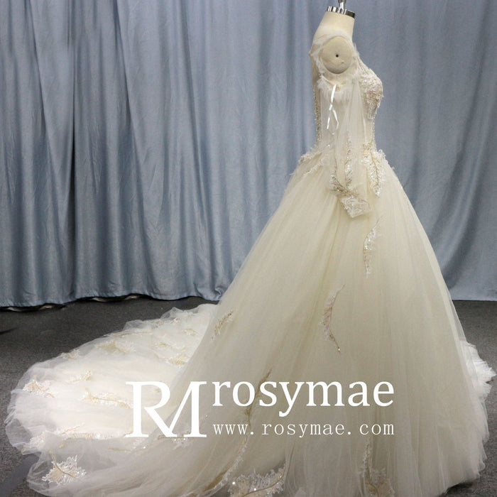 Ball Gown Sheer Long Sleeves Tulle Bride Wedding Dress - Rosymae