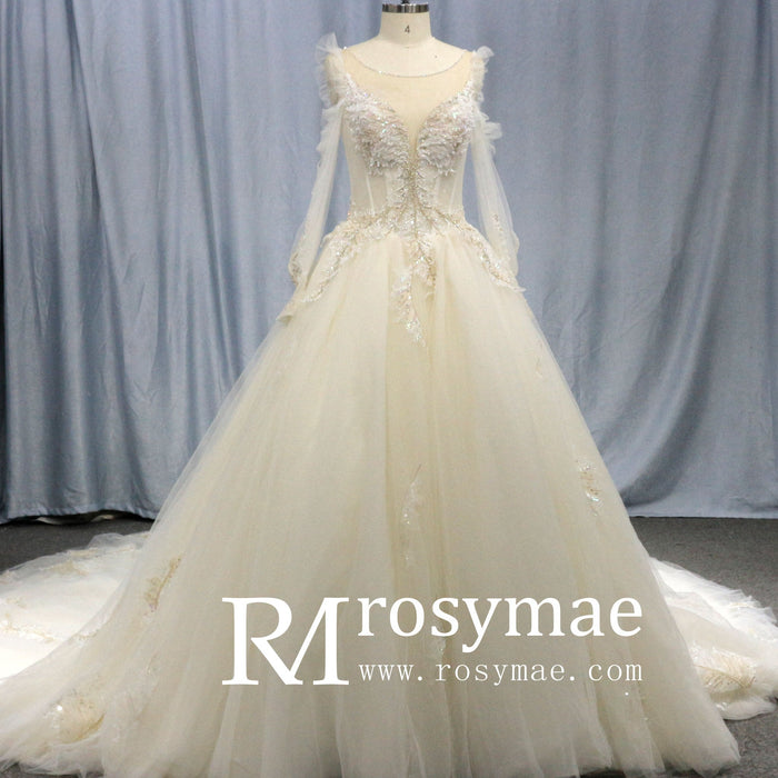 Ball Gown Sheer Long Sleeves Tulle Bride Wedding Dress - Rosymae