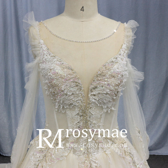 Ball Gown Sheer Long Sleeves Tulle Bride Wedding Dress - Rosymae