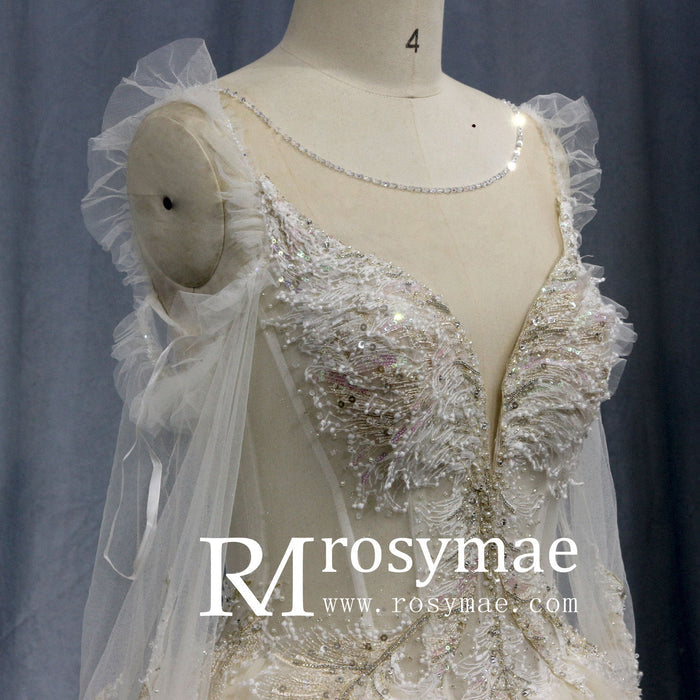Ball Gown Sheer Long Sleeves Tulle Bride Wedding Dress - Rosymae