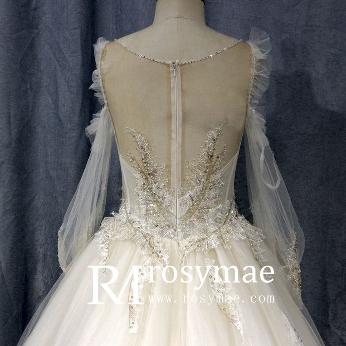 Ball Gown Sheer Long Sleeves Tulle Bride Wedding Dress - Rosymae