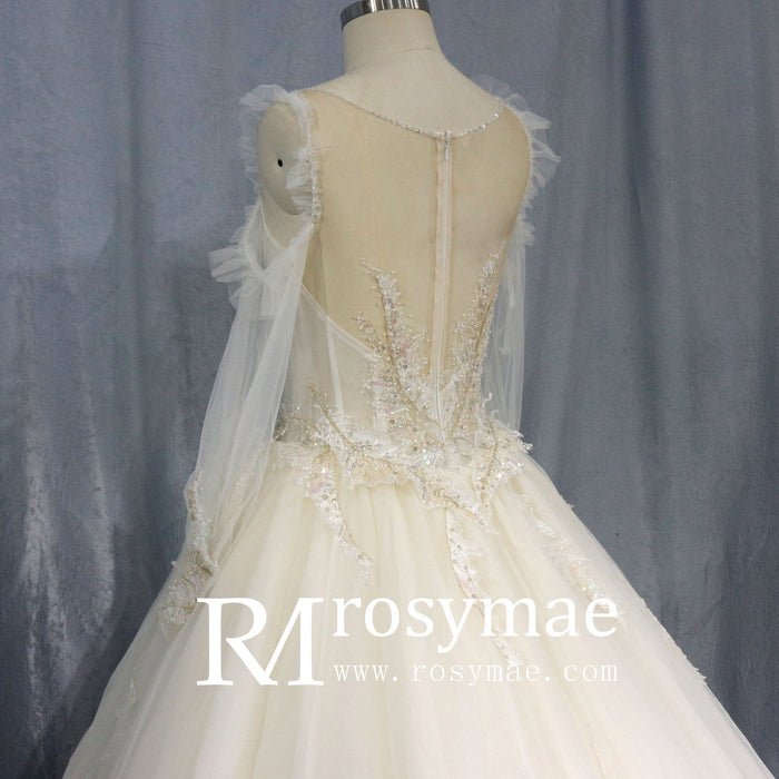 Ball Gown Sheer Long Sleeves Tulle Bride Wedding Dress - Rosymae