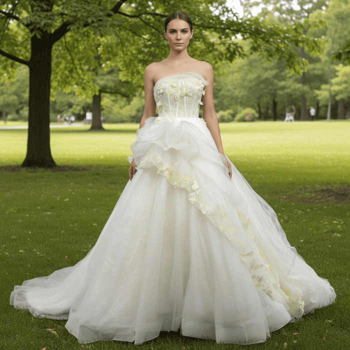 Ballgown Appliqued Strapless Tulle Wedding Dress With Flower - Rosymae