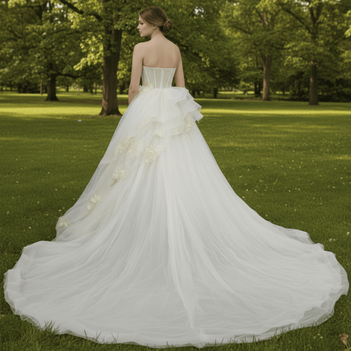 Ballgown Appliqued Strapless Tulle Wedding Dress With Flower - Rosymae